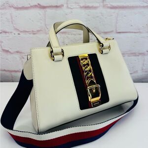 Gucci Sylvie Top Handle 2 Way Handbag White Web Strap